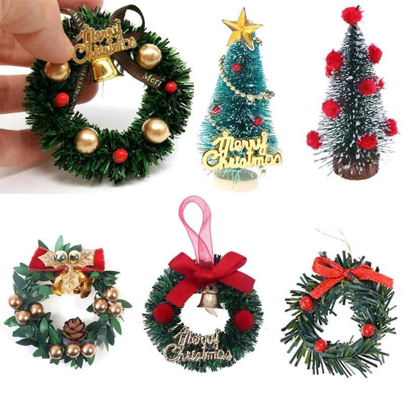 Miniature Christmas Wreath Mini Hanging Xmas Wreath Dollhouse Christmas Tree Garland Wall Grass Strip Decoration Accessories