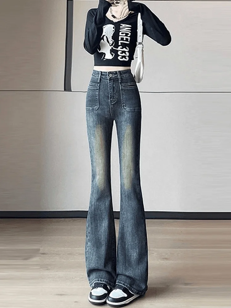 

Ретро джинсы с высокой талией для женщин, летние, больших размеров, эластичные, слегка расклешенные, длинные брюки из смесовой ткани (хлопок, полиэстер, вискоза)