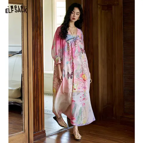 ELFSACK Floral Butterfly Print New Chinese Midi Dress, Gothic Court Lantern Sleeve Loose Kaftan, Sweet Casual Vacation Wear