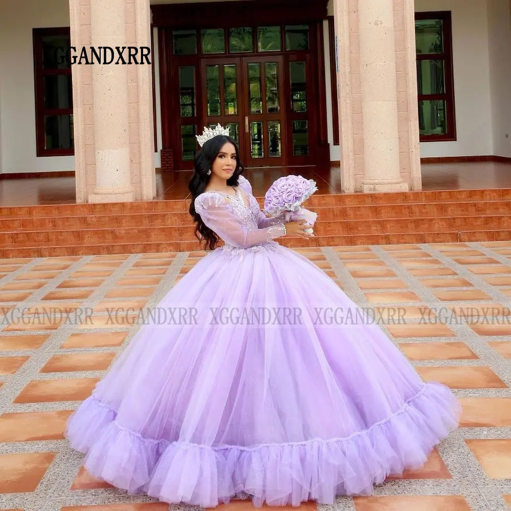 Vestido De princesa para quinceañera, manga larga, apliques De encaje con cuentas De cristal, flor dulce, púrpura, 16, 15 Años, 2024