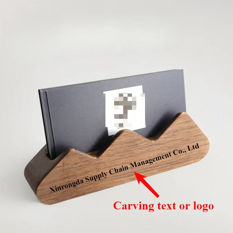 Black Walnut Mountain Peak Business Card Holder with Custom Engraved Logo/Text - Unique Office Desk Organizer and Storage Box