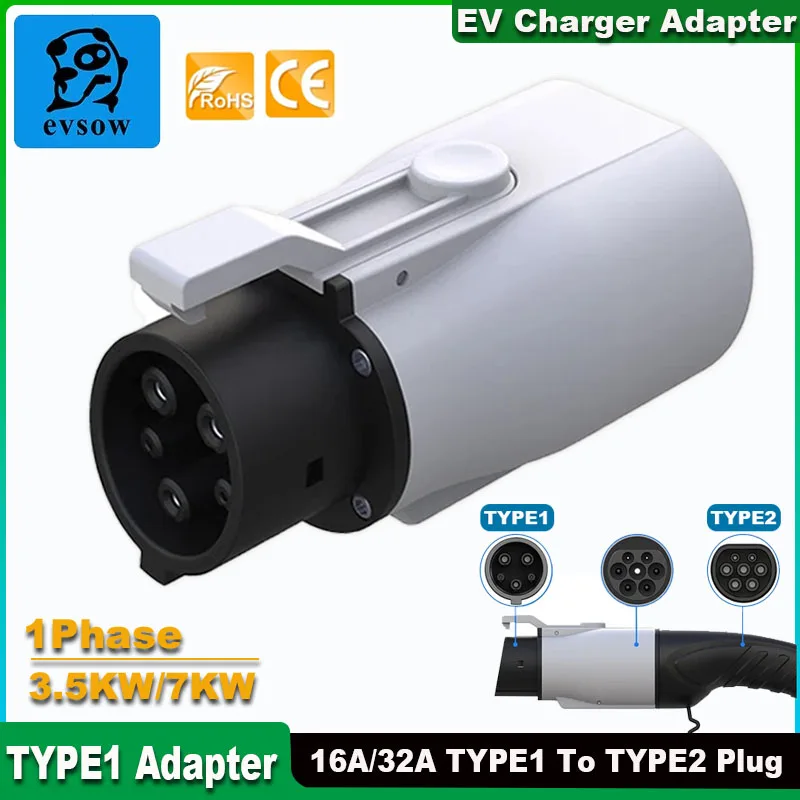 evsow EV Charger Adapter Type2 To Type1 Adapter IEC62196 To SAE-J1772 EV Charger Converter 32A 1Phase 7.2kw Max For Electric Car