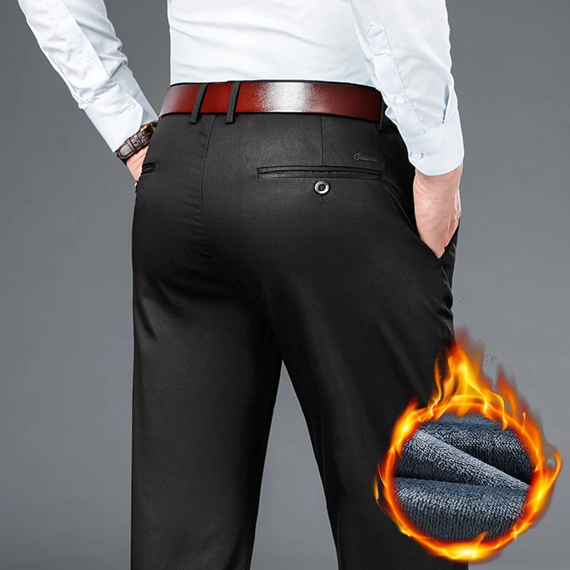 

Business Fleece Pants Men's Winter Warm Velvet Fashionable Straight Comfortable Trousers Thick Plush Brand Classic Pants