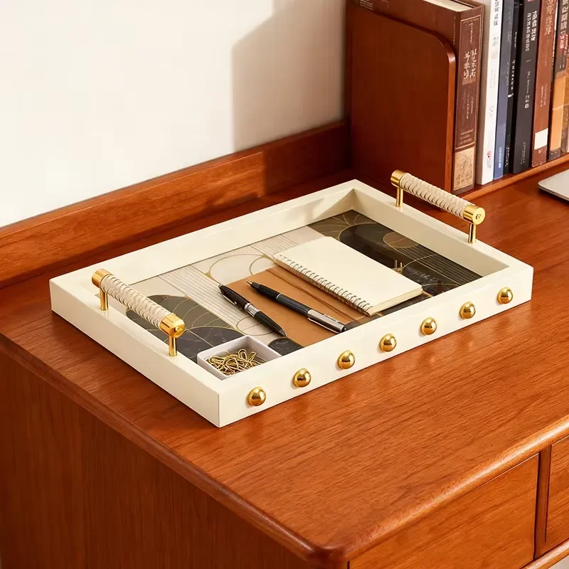 Deluxe single-layer MDF tray with piano lacquer and gold decorative handle for decorative storage in home kitchens and desks