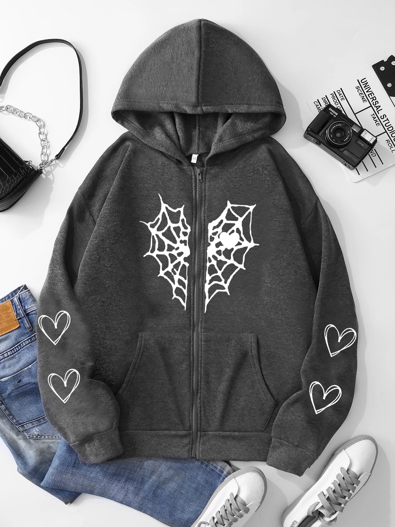XUANSHOW Herbst Winter Lose Frauen Hoodies Gothic Harajuku Y2k Kleidung Spinne Web & Herz Druck Zip Up Thermische Strickjacke Mantel – Detail 14