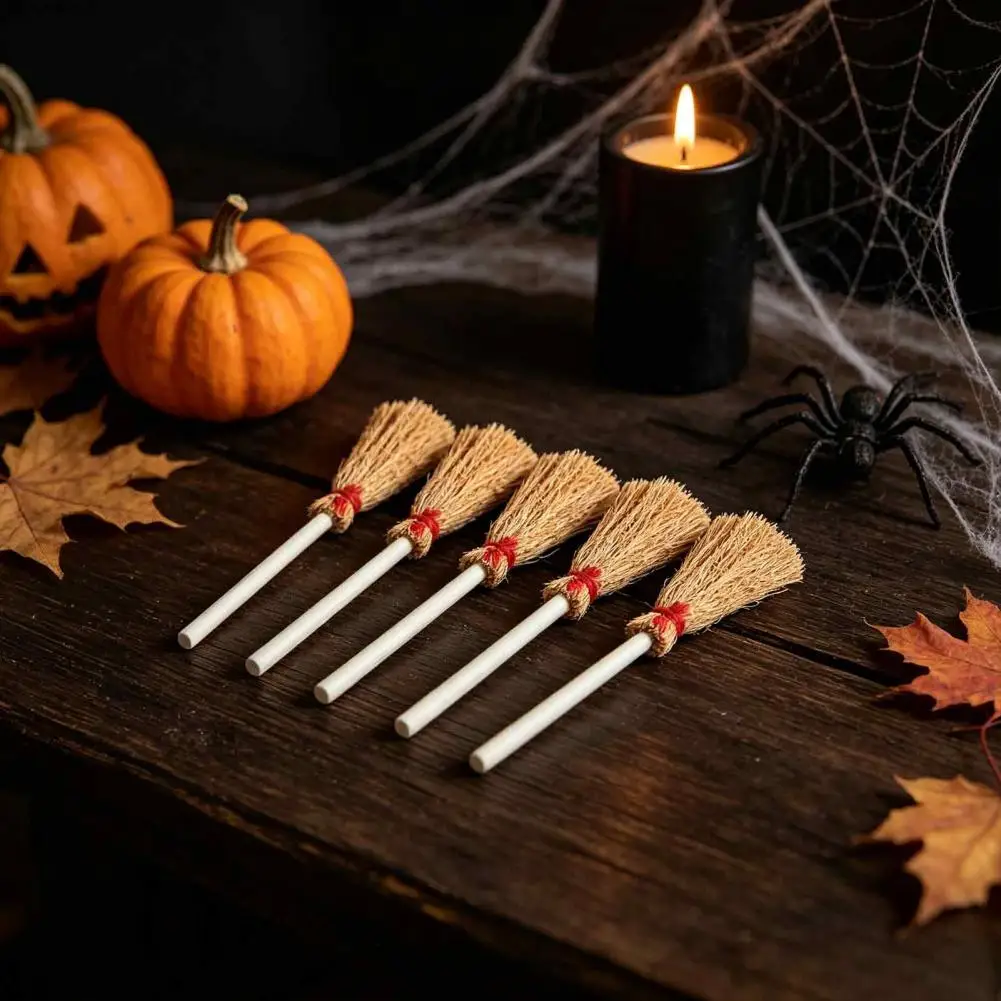 Tiny Wooden Handle Broom 10 Pcs Mini Straw Brooms Set Artificial Witch Broom Decorations with Rope for Dollhouse for Dioramas