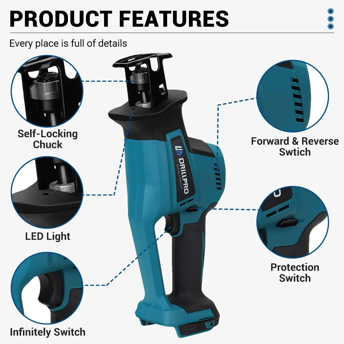 Drillpro-hojas de sierra recíproca para madera y Metal, sierra eléctrica inalámbrica sin escobillas, corte de tubería de PVC para batería Makita de 18v, 10mm