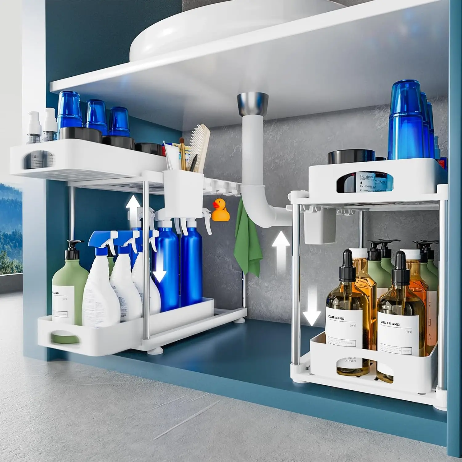 

Under Sink Organizers and Storage Sliding Kitchen Cabinet Organizer 2 Tier Height Adjustable for Kitchen Bathroom Laundry