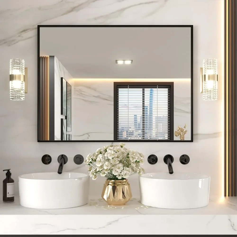 

48"X36" Black Rectangle Bathroom Mirror Wall, Matte Black Aluminum Alloy Frame, Tempered Glass, Hangs Vertically Horizontally