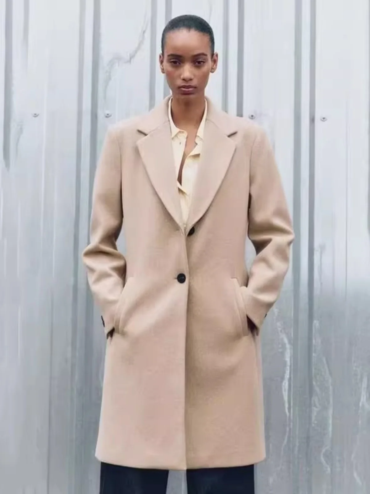 

Casual Chic Soft Collar Long Sve Coat Autumn Winter New Arrival Women's Faionable Outerwear Commute Sle Mid-Length Coat