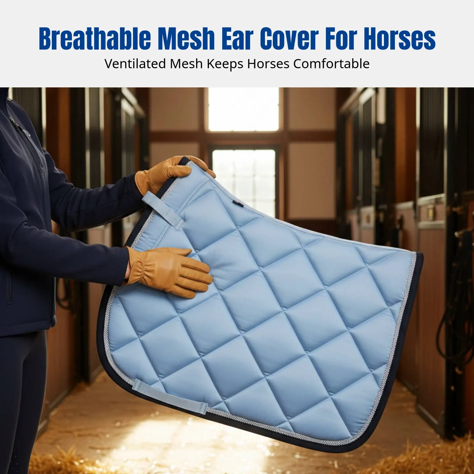 Almohadilla de sudoración para caballo color azul marino claro, conjunto de almohadilla de montura para doma, gorro de malla para orejas, vendas para patas, suministros ecuestres