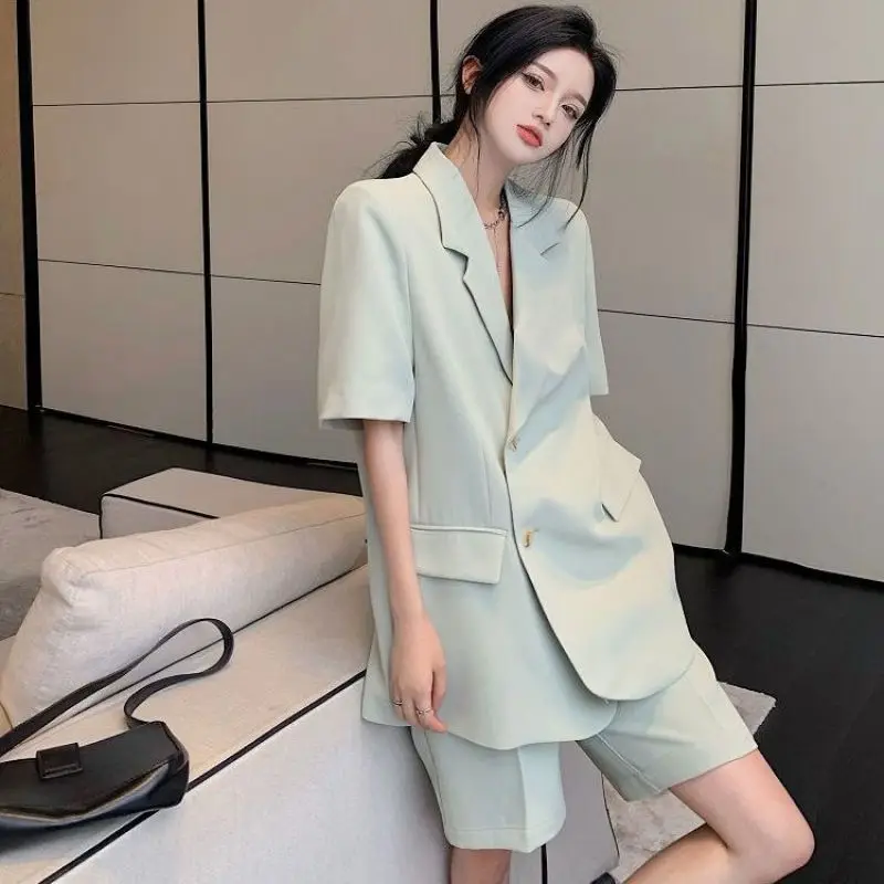 Women\'s Summer Blazers Set 2024 New Fashion Loose Thin Suit Coat Shorts Two Piece Korean Elegant Casual Pants Matching Sets