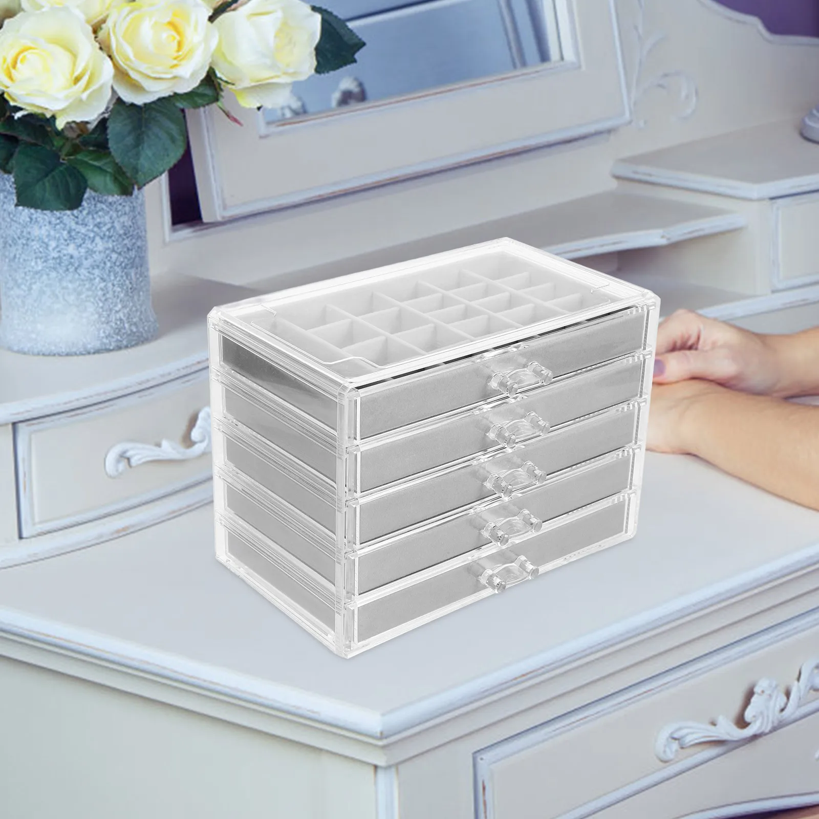 

Storage Box Jewelry Earrings Organiser Display Stand Grey Desk Organizer with Drawers