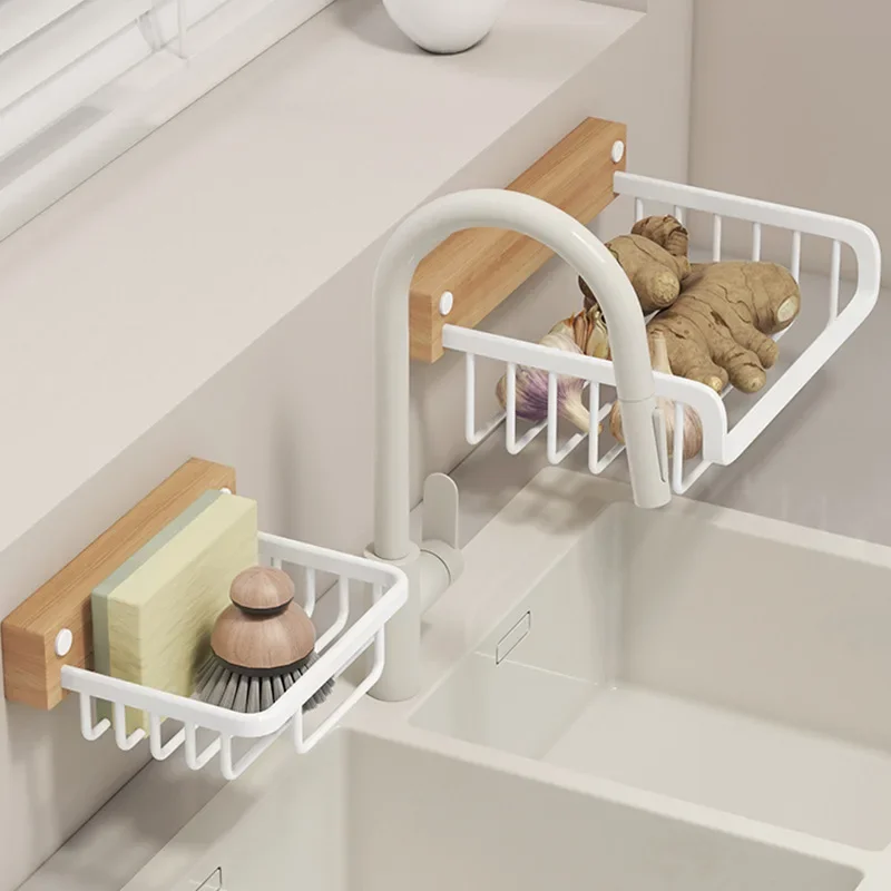 

Wooden net basket frame kitchen faucet storage rack sink sponge dishwashing solid wood net basket bathroom soap net shower shelf