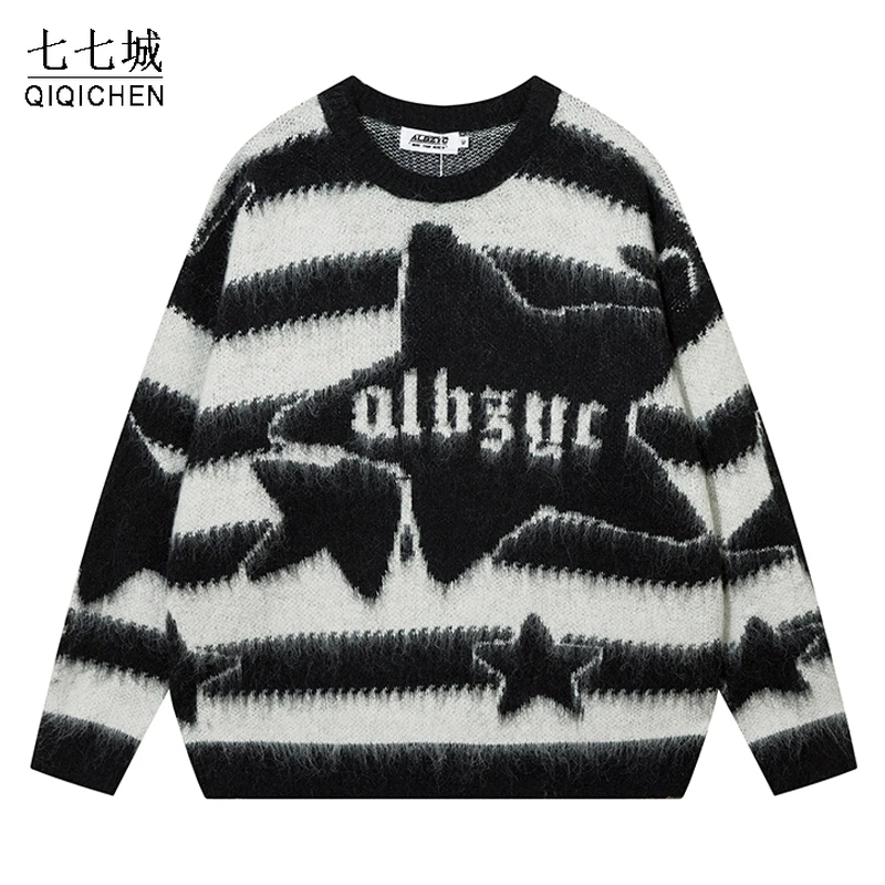 High Street Sweaters Men Y2k Vintage Letter Star Jacquard Knitted Pullover Korean Casual Oversize Jumpers Couple Streetwear Fall