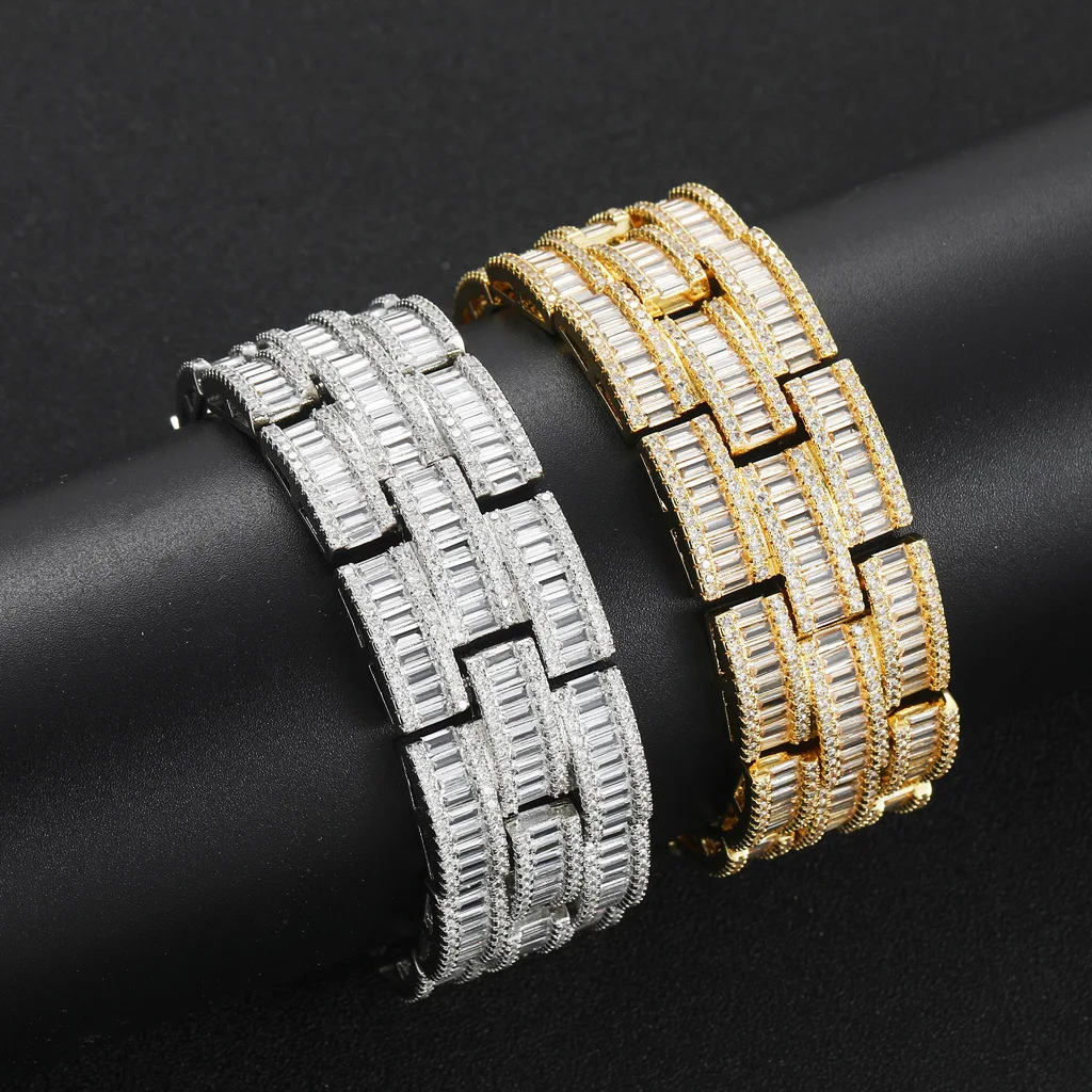 Wide 25mm Baguette Cubic Zirconia Bracelet Gold Silver Plated Iced Out Watch Link Bracelet Spring Clasp Hip Hop Men Jewelry