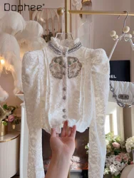 Lace Blouse Women 2024 French Style Heavy Industry Embroidery Long Puff Sleeve Diamonds Slim Short Shirt Elegant Fashion