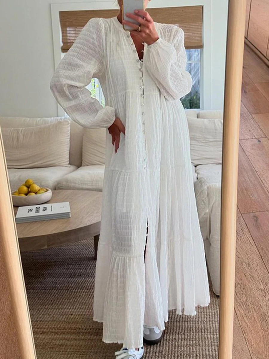 

White Textured Loose Long Dresses Women Crew Neck Single Breasted Long Sleeve A-line Vestido Summer Casual Fashion Holiday Dress