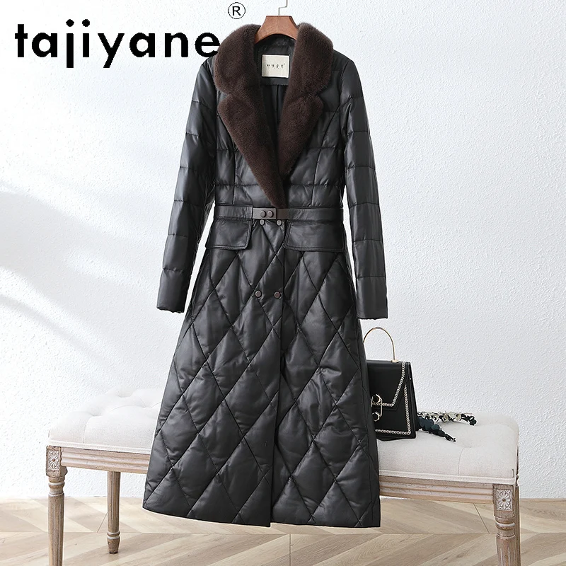 TAJIYANE veste bouffante en cuir véritable femmes 100% peau de mouton manteau Long avec col en vison vêtements d'extérieur d'hiver femme vêtements 2025