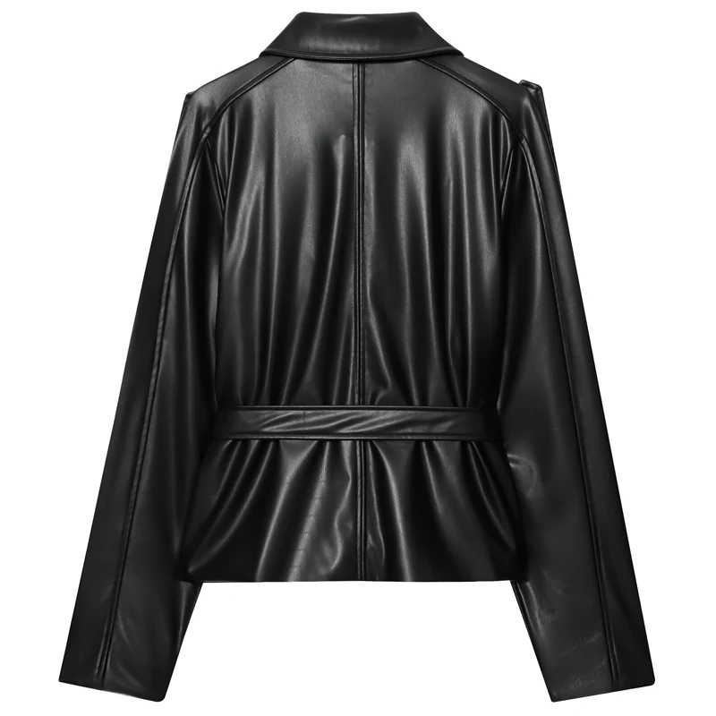 HXAO Women's Jackets Black Leather Jacket Woman Autumn Spring 2025 Chic Belt Crop Long Sleeve Coats Motorcycle Button Outerwears