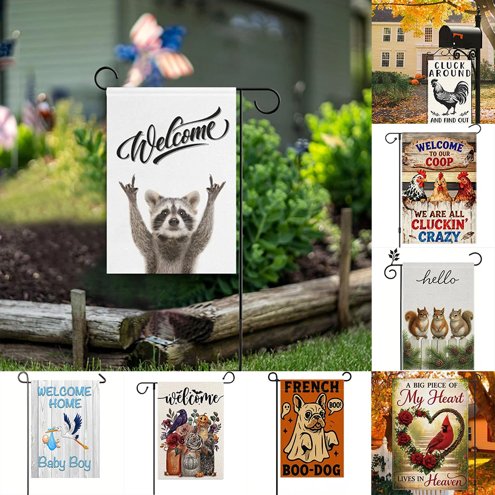 1pc   Fall Garden Flags, Seasonal Outdoor Yard Decor, Cute Animal & Farmhouse Themed Welcome Banners for Patio Lawn