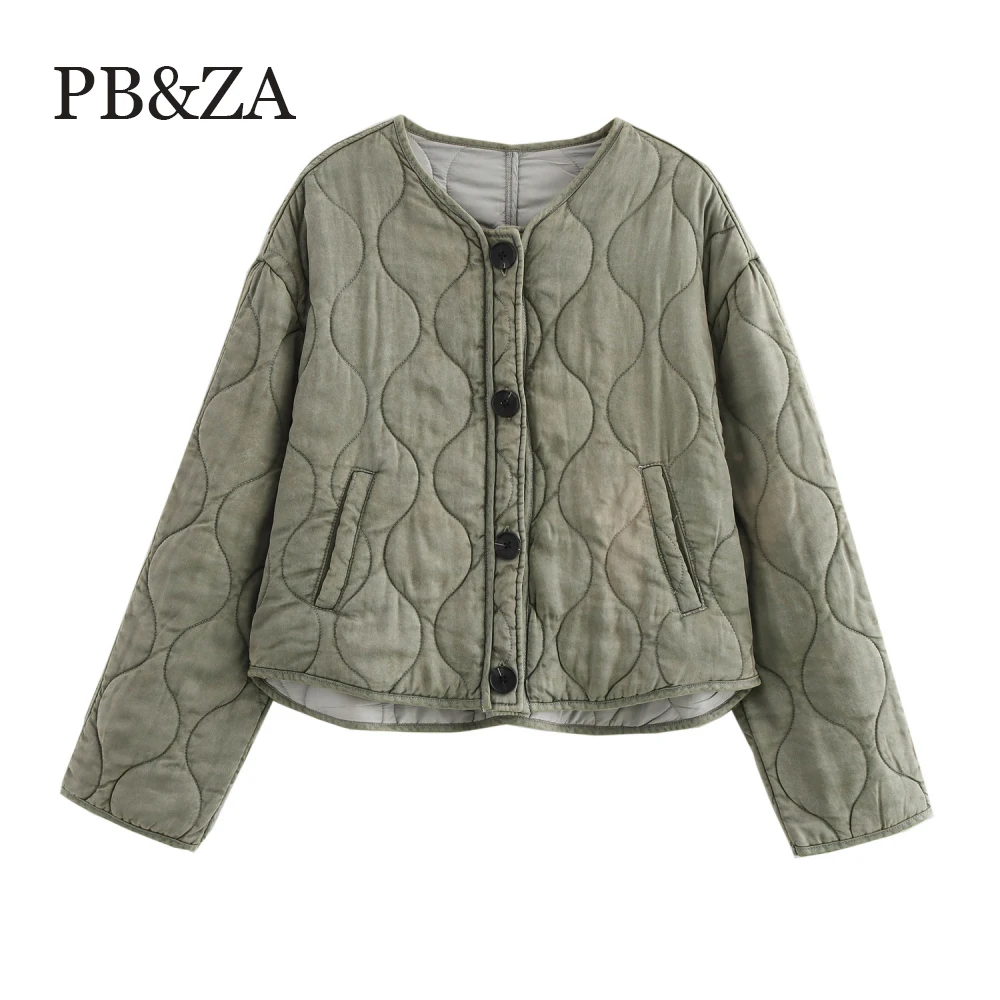 

PB&ZA Women's Stitch Loose Jacket Round Neck Long Sleeve Button Pocket Autumn/Winter New Simple Coat
