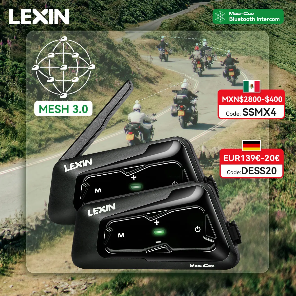 

New 2023 Lexin MeshCom MESH & Bluetooth Intercom For Motorcycle Helmet Headset,Mesh intercom up to 24 people within 2 km range