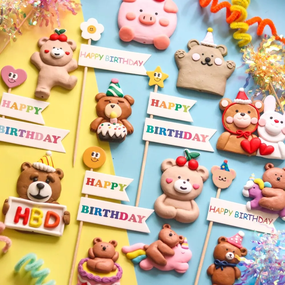 Cartoon Bear Birthday Theme Cake Decorations Boys Girl Cake Topppers Ornaments For Kids Birthday Party Bread Decoration