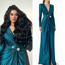 Blue Satin Mermaid V-Neck Prom Dresses Long SLeeves Floor-Length Long Train Simple Evening Gown For Women Robes De Soirée