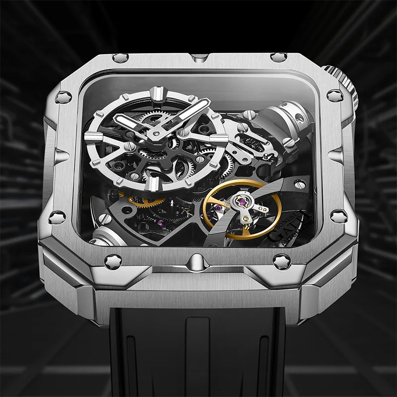 

BONEST GATTI Original Skeleton Design Square Mechanical Watch Sapphire Crystal Luminous Rubber Strap Men's Watch German Craftsma
