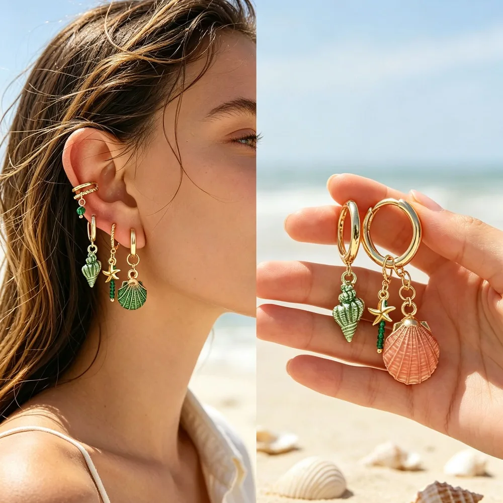 Bohemian Ocean Style Cartilage Ear Clip Set 4Pcs, Starfish Shell Conch Beaded Earrings for Women Girls