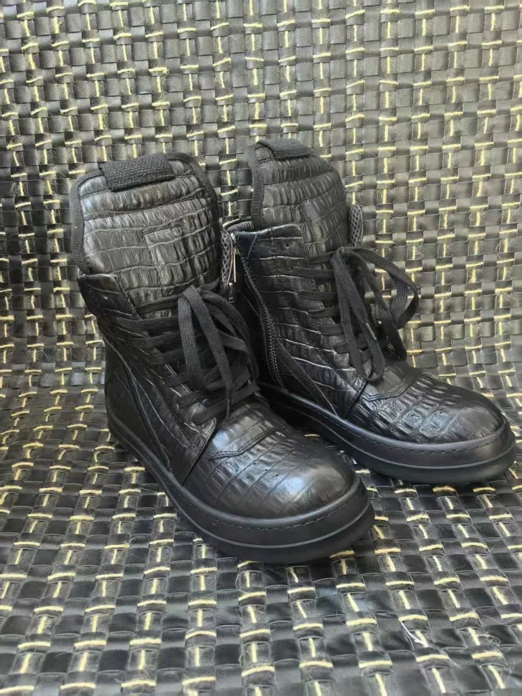 Men Black Crocodile Patterned Cowhide Ankle Boots Fashion High Street Height Increasing Lace-up Footwear Zipper High Top Shoes