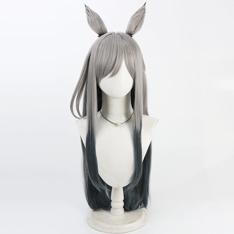 Peruka do cosplayu Anime Umamusume Pretty Derby Chrono Genesis, syntetyczne włosy, szare, uszy i ogon zwierzęce, rekwizyty na Halloween, imprezę karnawałową
