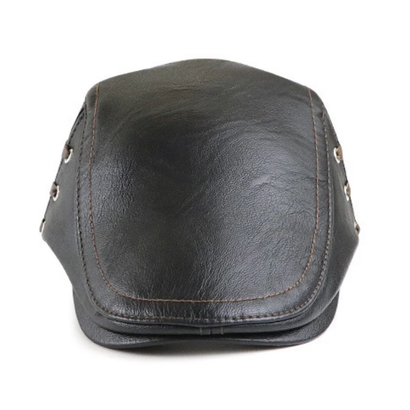 Men Adjustable PU Leather Newsboy Caps Cabbie Beret Hat Classic Gatsby Cap Flat Driving Hat for Father