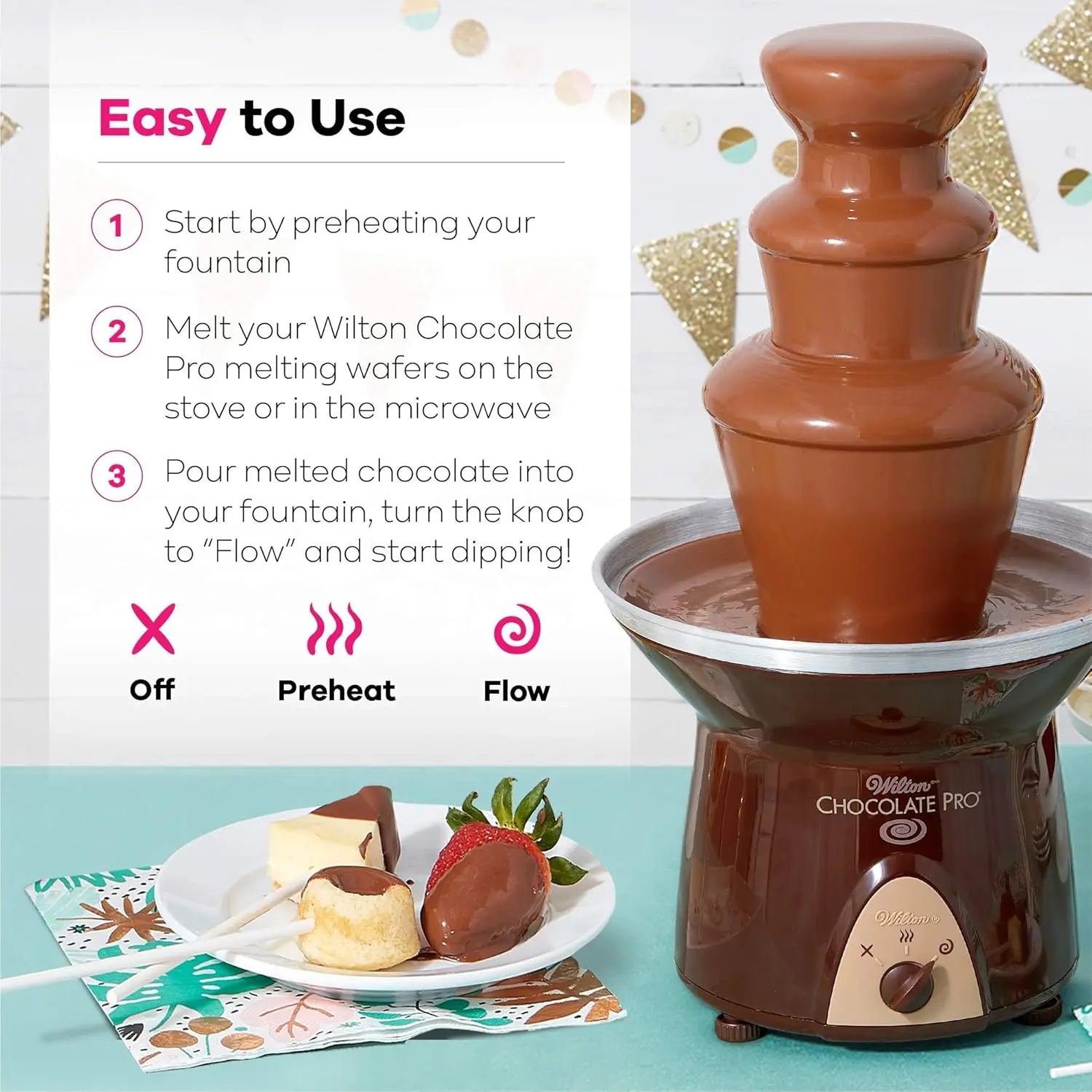 Chocolate Pro-Fontaine à chocolat et fontaine à raison uniforme, conçue pour garder le chocolat fondu pour un trempage facile et soucieux, 3 niveaux