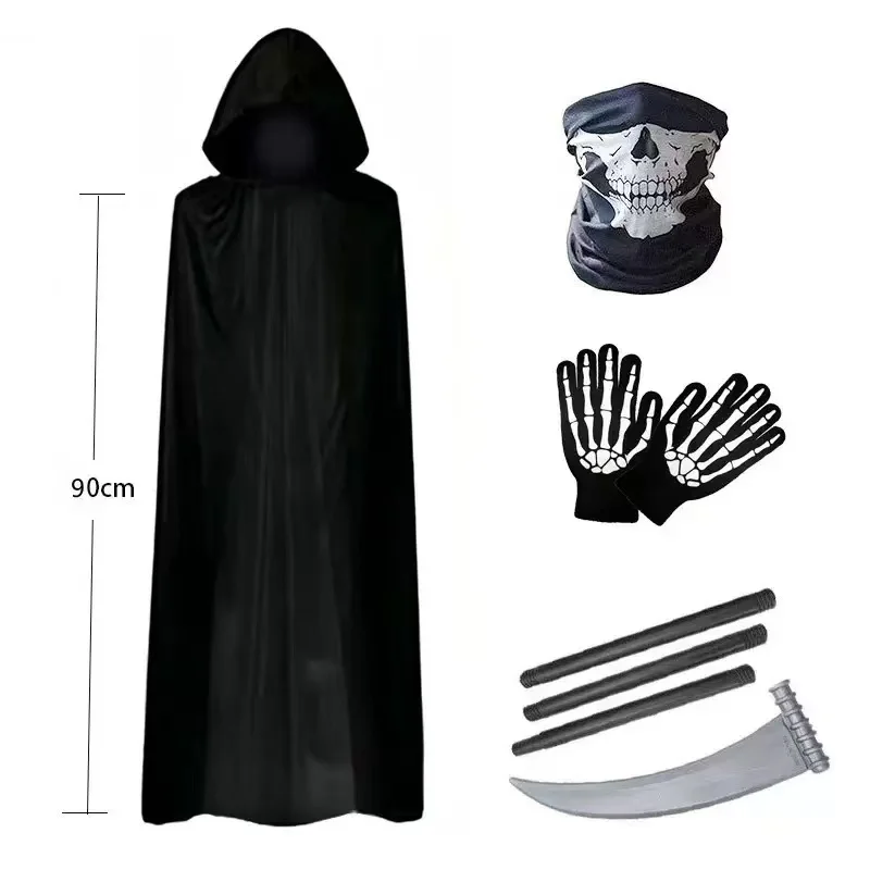 Nieuwe Halloween Party Volwassen Grim Reaper Zwarte Cape Mantel Schedel Gezicht Handdoek Handschoenen Halloween Kostuum Prop Set
