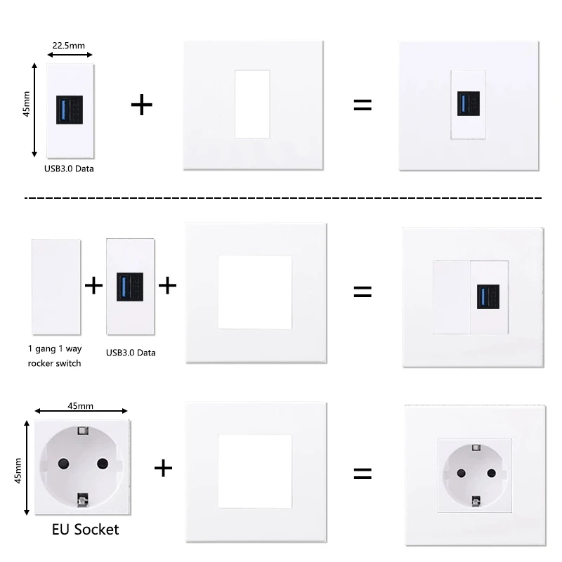 DIY Customizable Sockets,Universal/UK Sockets,Israel US Outlet,Cat5e CAT6 RJ45 Ports,HDMI Data USB,Modular Wall Power Outlets