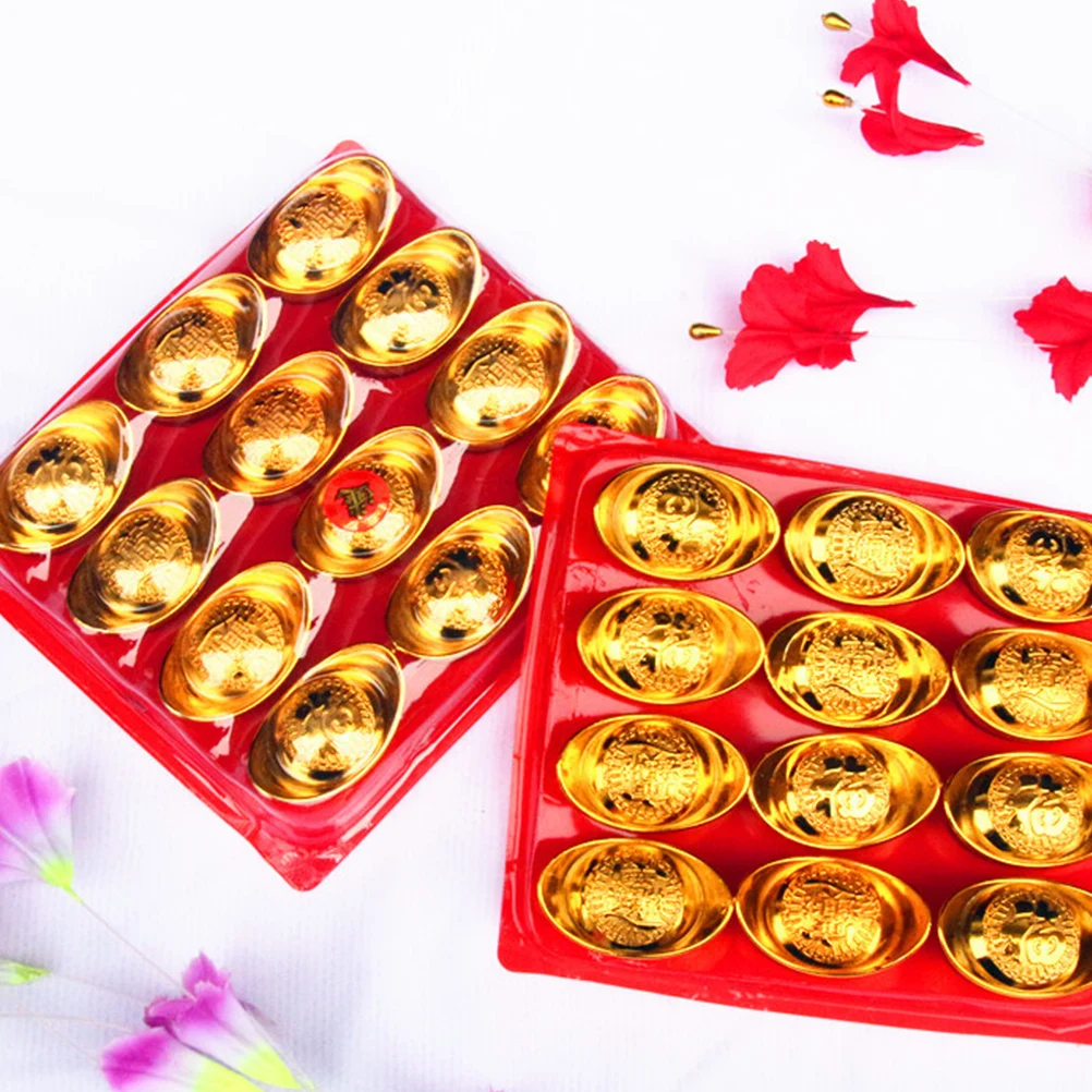

12pcs Plastic Craft Decor Desktop Gold Ingot Shaped Adornment Exquisite Desktop Ornament For Party Decoration