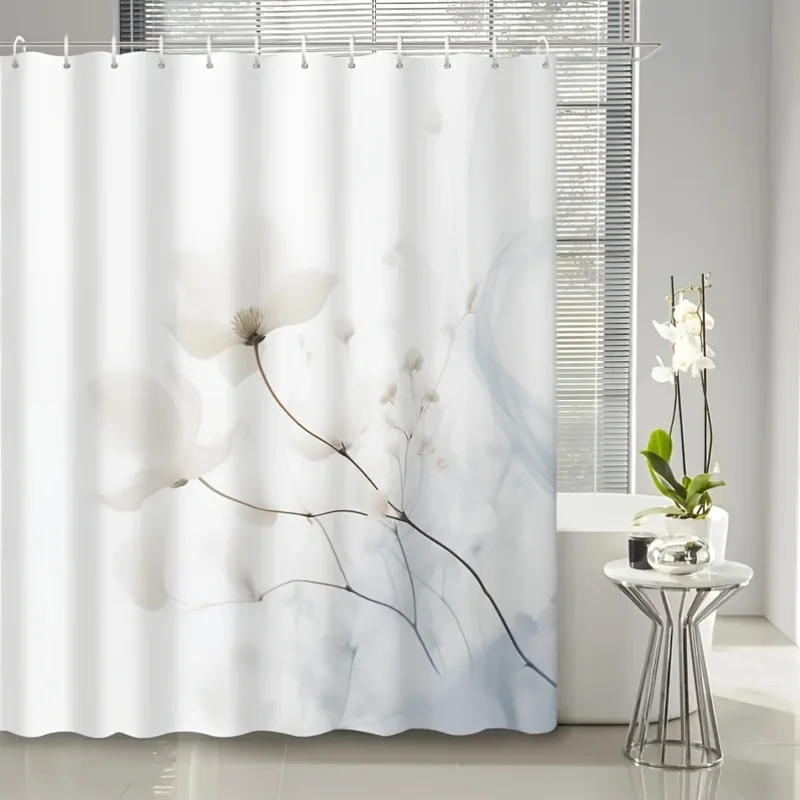 1-teiliger hochwertiger Duschvorhang mit weißem Blumendruck, Polyester, maschinenwaschbar, inklusive Haken, elegante Badezimmerdekoration