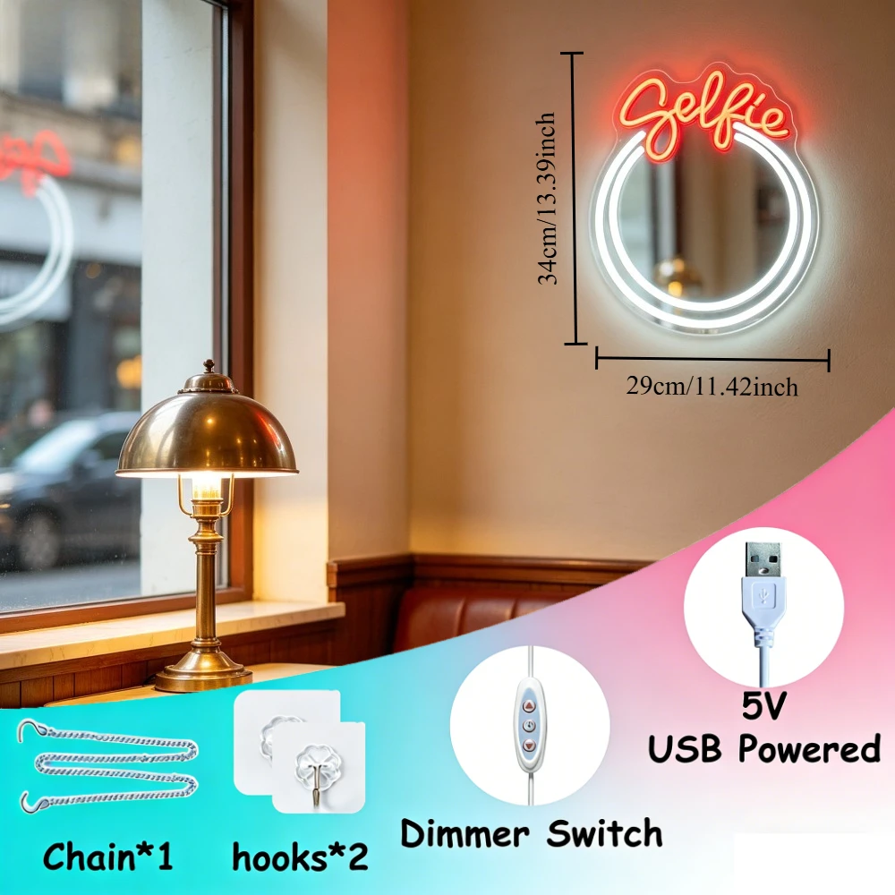 Selfie LED Neon Mirror Sign Dimmable USB Hanging Light for Vanity Table Makeup Desk Bedroom Selfie Station Decor Girl Party Gift