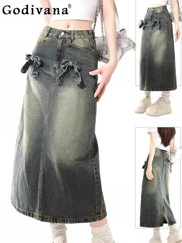 

Свободная джинсовая юбка большого размера в стиле ретро с трехмерным бантом, женские летние длинные универсальные модные юбки трапециевидной формы с высокой талией и разрезом