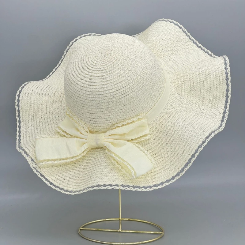 Summer Bow Hat Large Brimmed Straw Hat Outdoor Beach Sun Hat Women\'s Wave Border Sun Hat