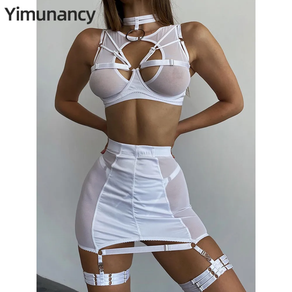 Yimunancy-Conjunto de lencería de malla de 5 piezas, ropa interior de Gargantilla negra/roja, conjunto de ropa interior gótica Sexy, ropa de dormir