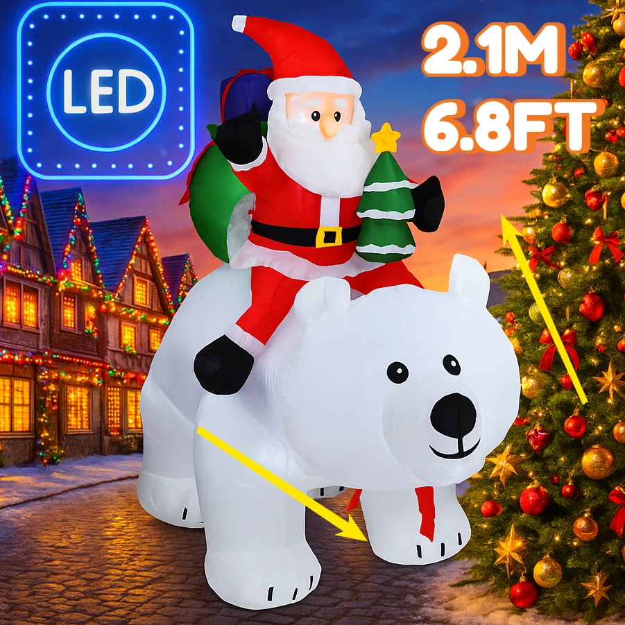 2.1M/6.8FT Santa Riding Polar Bear LED Inflatable Model Christmas Decoration LED Light Holiday Outdoor Decor Home Yard Party Toy