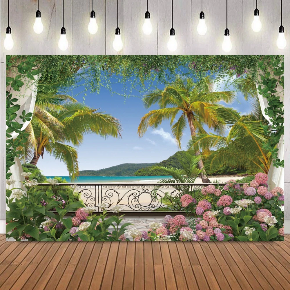 Fondo de fotografía de escena costera de glicina, palmera de playa Tropical, retrato de fiesta de jardín exótico, decoración del hogar, fondo de fotografía