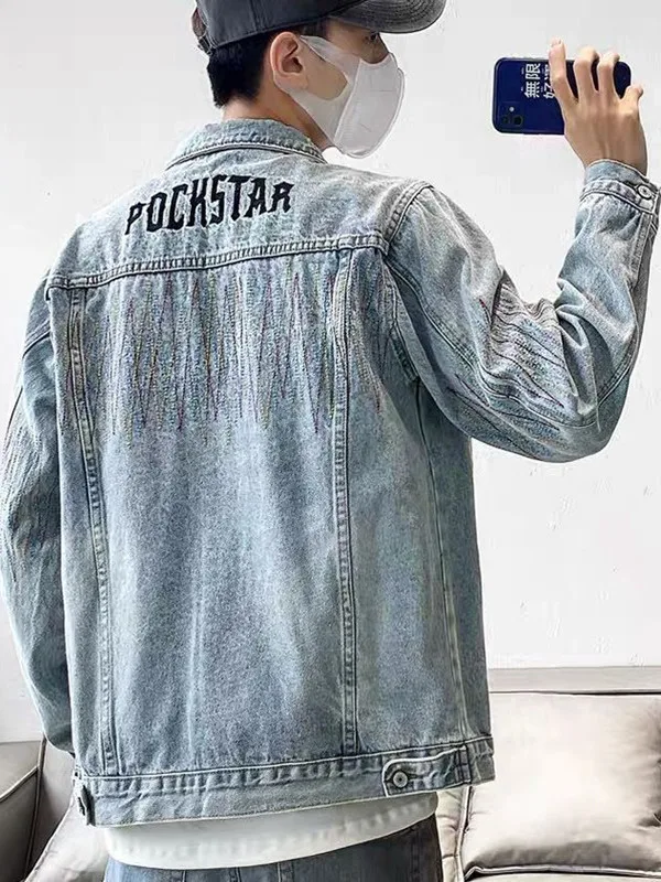 

Retro American Street Sle Embroidered Color Tead Men's Denim Jaet Spring Autumn Loose Workwear Jaet Teenage Faion