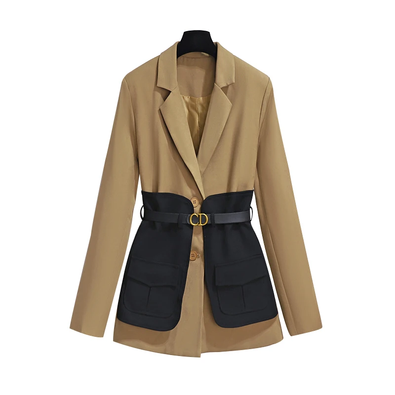 New 2024 Autumn Winter Blazer For Women Patchwork Color Korean Fashion Design Casual Coat And Jacket Women With Belt Outwears