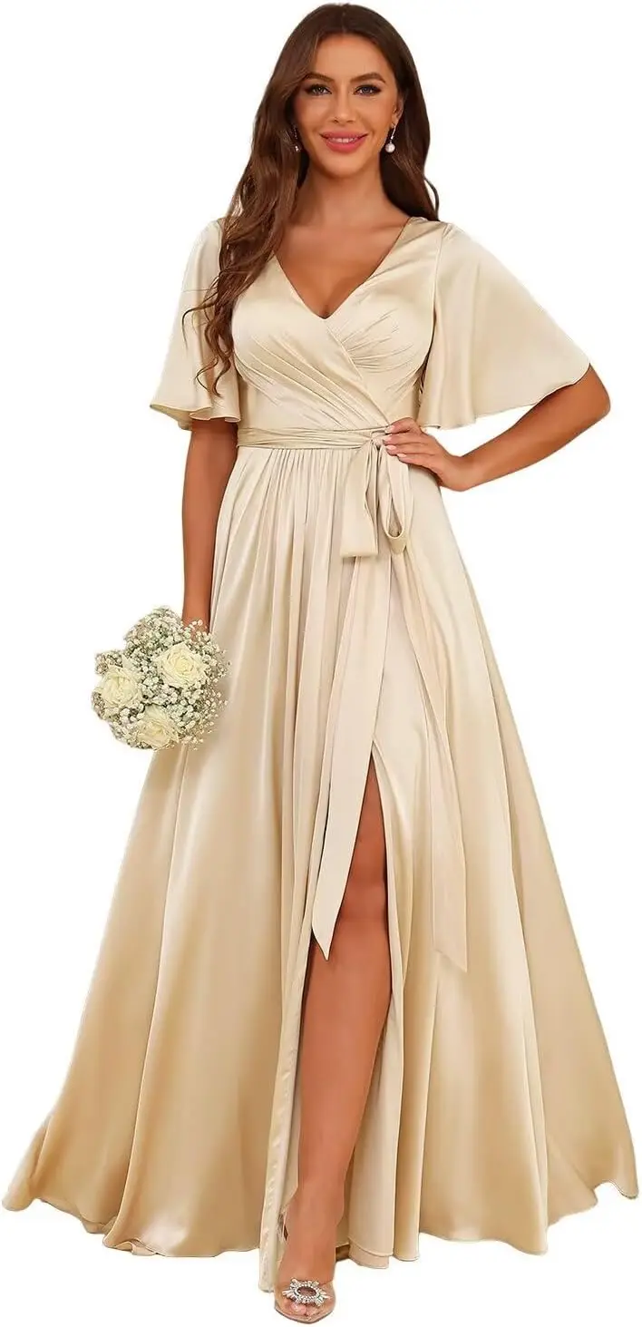 Women's Short Sleeves A-line Bridesmaid Dresses 2025 with Slit Long Ruched Satin Prom Dresses  Evening Dresses