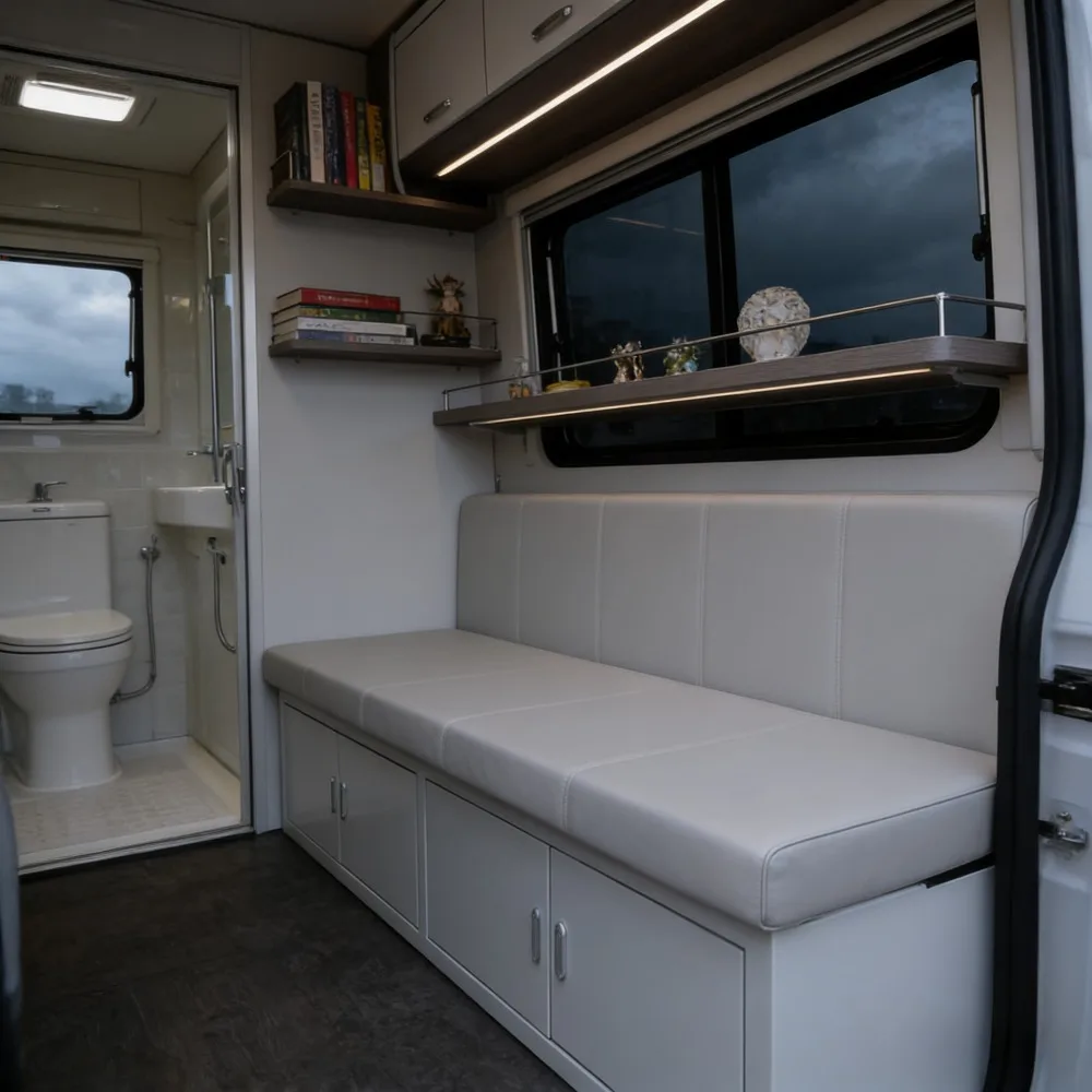 Custom Upholstered Banquette Seating Built-In Storage Flip Cushion Steel Frame for Special Vehicles Vans Commercial