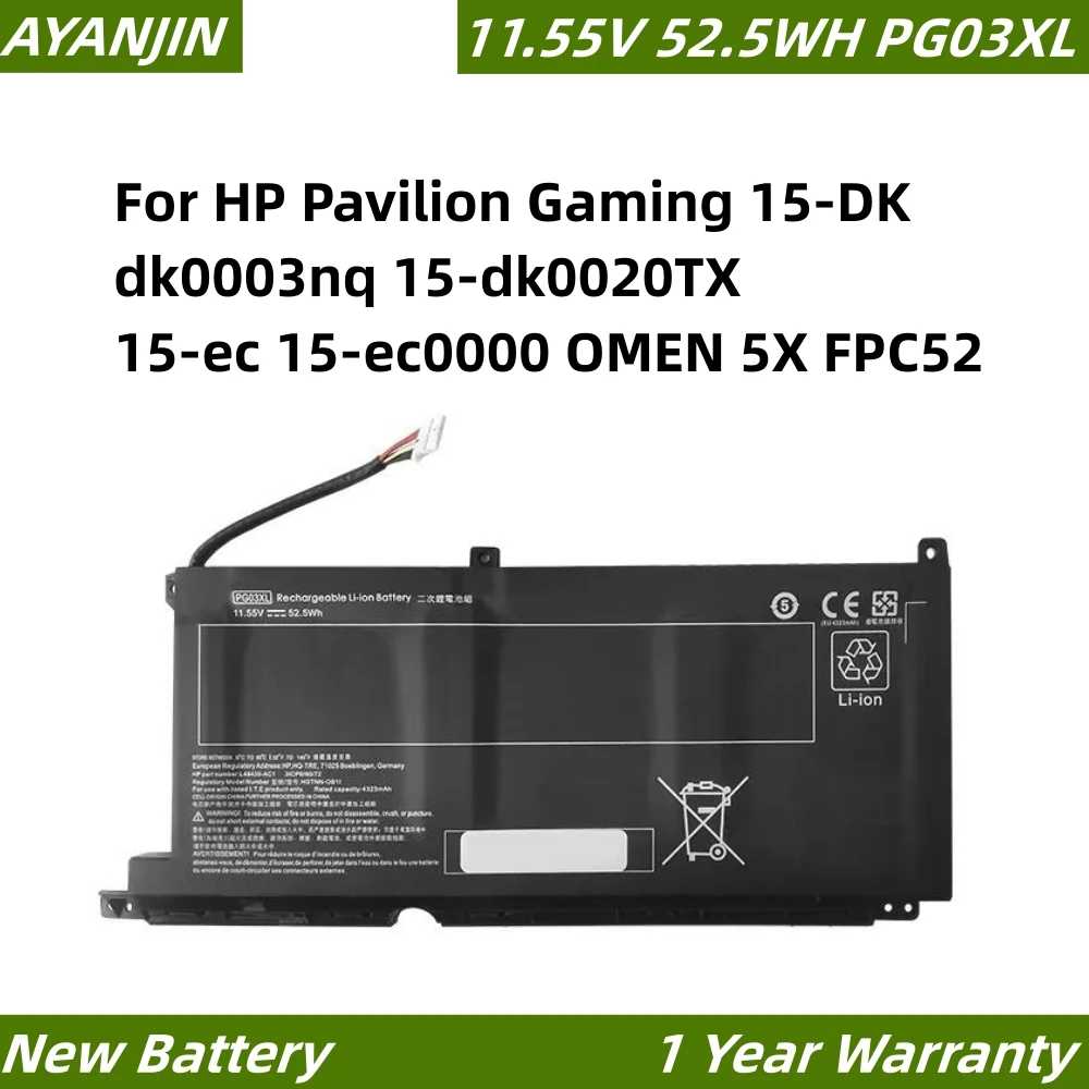 

NEW PG03XL Battery For HP Pavilion Gaming 15-DK dk0003nq 15-dk0020TX 15-ec 15-ec0000 OMEN 5X FPC52 HSTNN-DB9G L48430-2B1